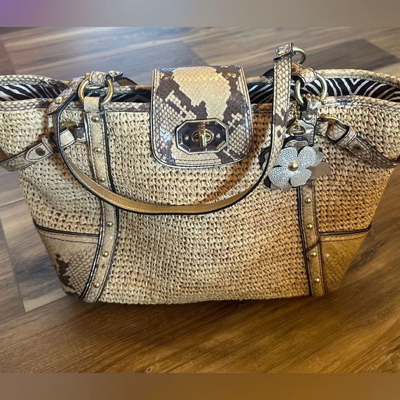 Coach Natalie Tan Straw Satchel w Python Print Leather Trim Tote Handbag - Picture 1 of 12